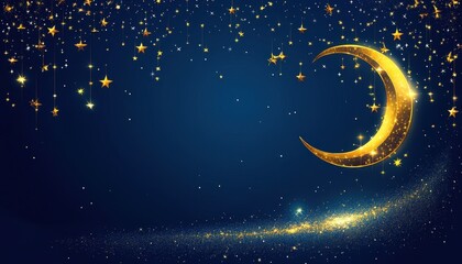 Fototapeta premium Golden Crescent Moon and Sparkling Stars on a Dark Blue Night