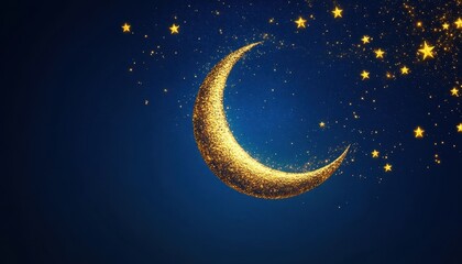 Fototapeta premium Golden Crescent Moon and Sparkling Stars on a Dark Blue Night Sky