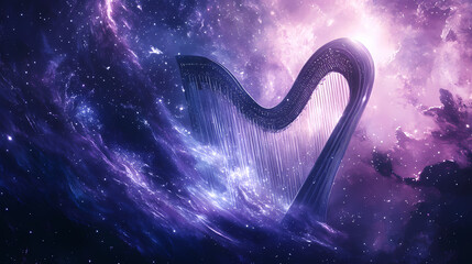 A galactic harp made of silver starlight, played by unseen celestial hands, emitting sound waves that create new universes, surreal, dreamy, ultra-hd. Galactic Energy Waves. Illustration