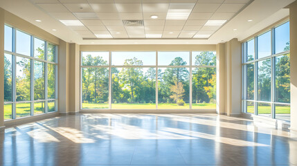 Fototapeta premium Spacious Office with Large Windows and Bright Lighting