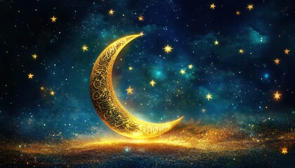 Naklejka premium Golden Crescent Moon and Stars in a Night Sky