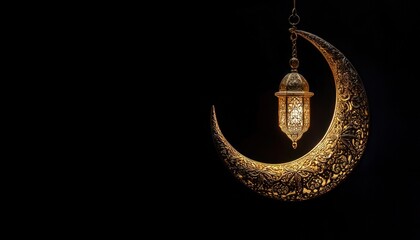 Golden Crescent Moon Lantern Hanging in Dark Background