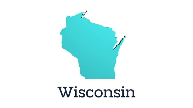 3D animated map of United States with highlighted Wisconsin state and text on white background. Motion illustration video.
