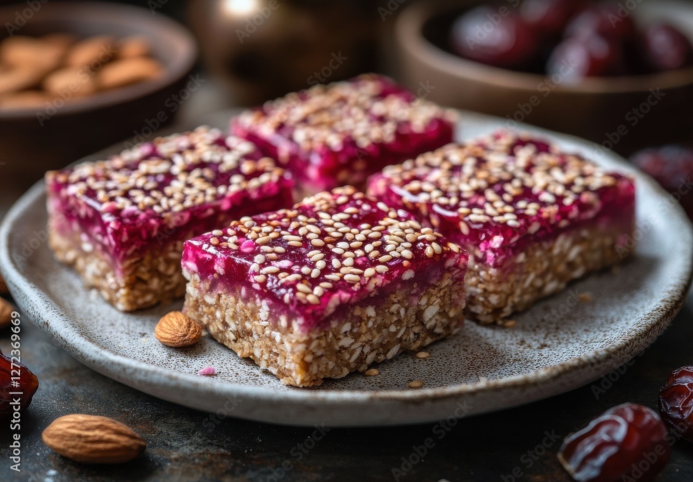 Poster Delicious and Colorful Desserts with Layered Jelly and Oats on a Rustic Plate Surrounded by Nuts and Fruits in a Cozy Setting