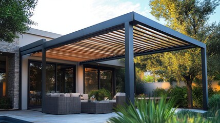 Modern Patio Pergola with Sleek Aluminium Structure in Bright Daylight