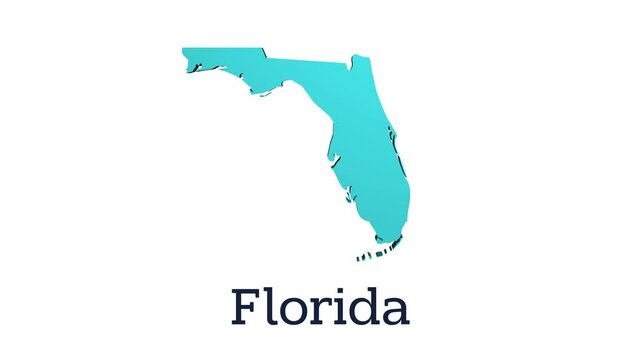 3D animated map of United States with highlighted Florida state and text on white background. Motion illustration video.
