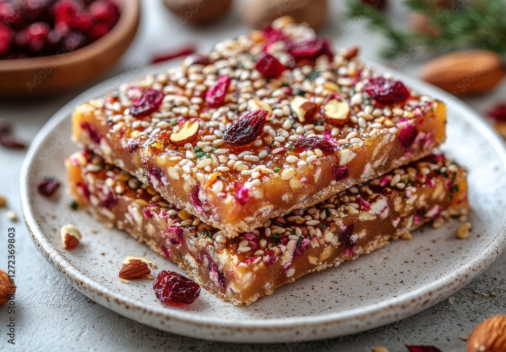 Poster delicious and colorful nut and seed snack bars with dried fruits on a rustic plate surrounded by nut