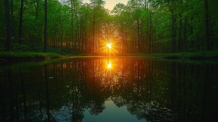 Obraz premium Sunset Reflecting in Forest Pond Water Trees