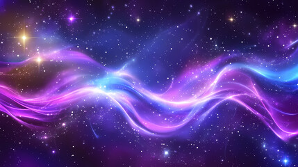 Fototapeta premium Cosmic energy flow, vibrant purple and blue waves, starry night sky, ethereal glow, abstract celestial design, luminous ribbons, galactic swirls. Galactic Energy Waves. Illustration