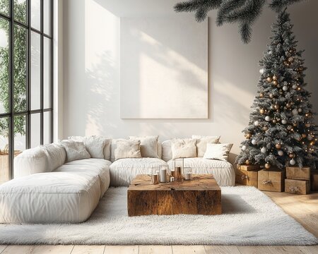 Modern Living Room Scene with Christmas Tree Rustic Wooden Table Plush Sofa