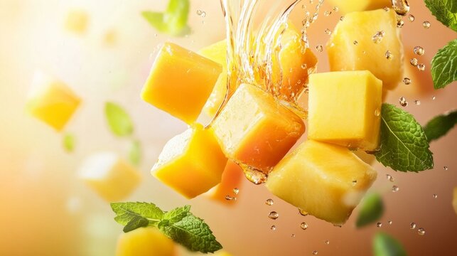  Tropical fruit salad splash with mango, pineapple, and mint for refreshing Hawaiian resort vacation theme