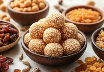Delicious and Healthy Sesame Balls Surrounded by Various Nuts and Dried Fruits for Nutritious Snack Ideas and Culinary Inspiration