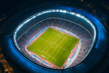 Stunning Aerial Drone View of a Modern Stadium Under Bright Stadium Lights