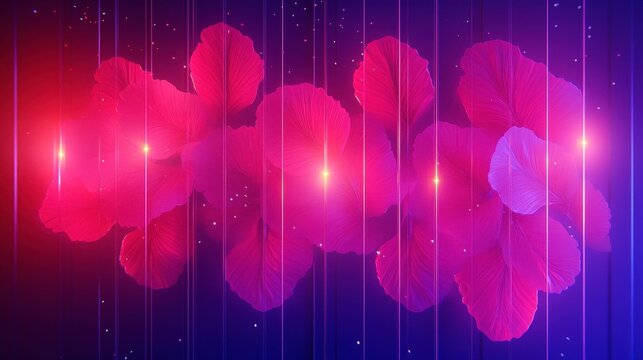 3D render of red petals floating near parallel bars. Red and blue lights in the background