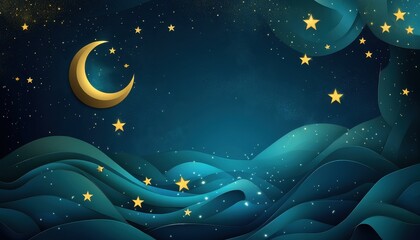 Dark Blue and Gold Night Sky with Crescent Moon and Waves