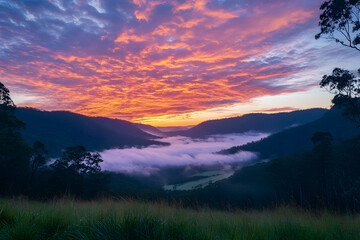 Fototapeta premium Stunning sunrise over misty mountains with a colorful sky