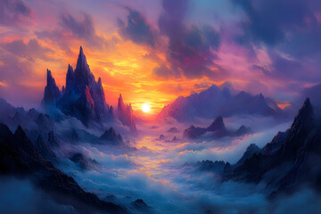 Obraz premium Stunning sunrise over misty mountains with a colorful sky