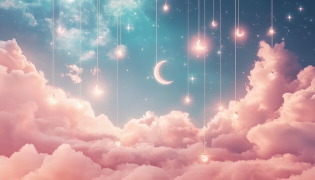 Dreamy Pink and Blue Night Sky with Glowing Lights and Clouds