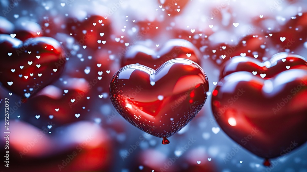 Poster red heart-shaped balloons float in a flurry of tiny white hearts against a blurred backdrop of soft 