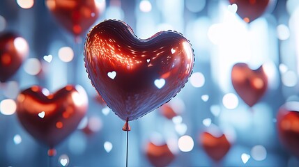 Red heart-shaped balloons in the air against a blurred background, glowing and sparkling, evoking a celebratory or romantic atmosphere