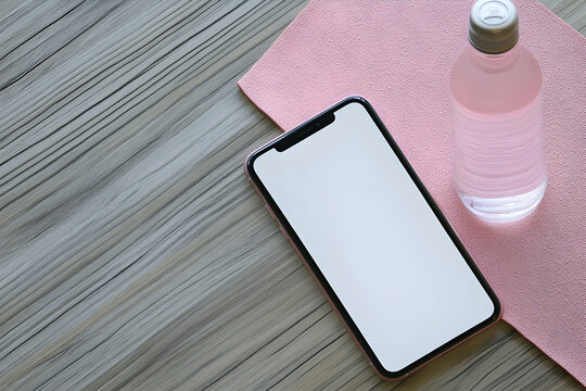 Smartphone display mockup alongside water bottle and pink mat conveys a healthy and connected lifestyle on a rustic light wood background - Powered by Adobe