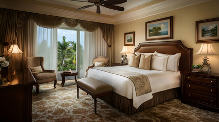 Fototapeta premium Stylish hotel room featuring comfortable bedding and sophisticated decor for relaxation