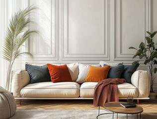 Fototapeta premium Cozy Living Room Interior Design with Modern Beige Sofa Colorful Pillows and Stylish Coffee Table