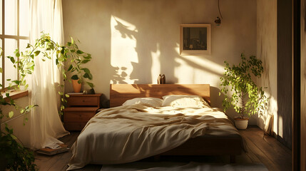 Fototapeta premium Sunlit bedroom with a wooden bed, soft linens, and minimalist decor creating a peaceful retreat