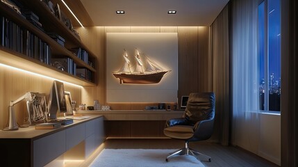 A contemporary home office featuring a symbolic ship displayed on a floating shelf