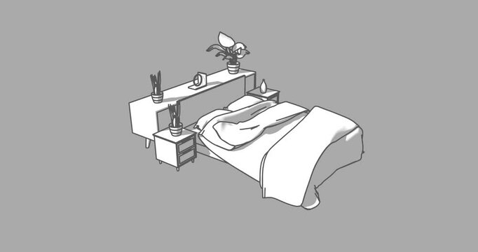 Line art loop animation drawing bed tables nightstand grey background minimalistic clean outline