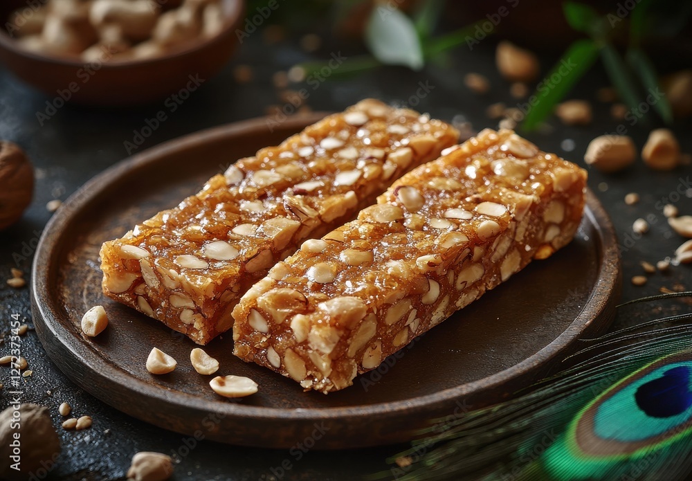 Poster delicious and nutritious snack bars with nuts and seeds on dark background with natural elements and