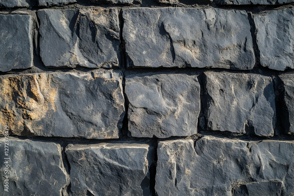 Poster textured basalt blocks form a sturdy wall, creating a cool, durable surface, highlighting the rough 