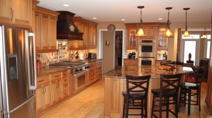 Fototapeta premium A contemporary kitchen with an open concept ensuring a stove placement that fosters abundance