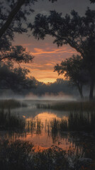 Obraz premium Serene Dawn: Capturing Nature's Elegance Through the First Light of Day, Painting a Tranquil Yet Inspiring Scene of Peaceful Coexistence and Earthly Splendor, Reflecting Life's Simple Beauty