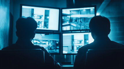 Fototapeta premium Under Surveillance, Two Security Guards Monitoring a Bank of CCTV Screens in a Dimly Lit Control Room at Night, Ensuring Public Safety