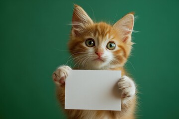 Adorable ginger kitten holds blank card. Perfect for pet adoption, message, or announcement designs.