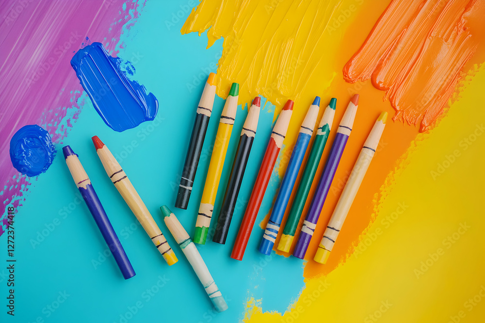 Poster vibrant array of wooden colored pencils resting on a colorful artistic backdrop with vivid paint str