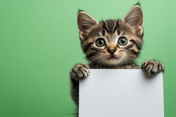 Adorable tabby kitten holds blank sign. Perfect for pet adoption, announcements, or product promotions.