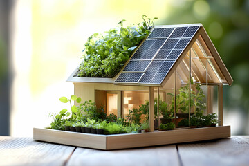 Sustainable housing concept with a miniature eco-friendly home model and growing plants