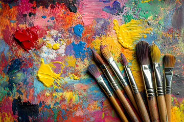 Obraz premium Vibrant Palette and Brush Collection, A Colorful Symphony of Artistic Tools Ready for Creative Expression and Imagination in Studio