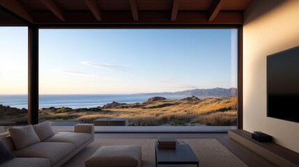 Fototapeta premium Coastal home living room sunrise ocean view