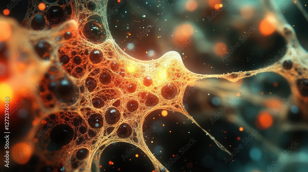 Poster abstract orange network with dark spheres. ideal for concepts of connection, neural networks, or tec