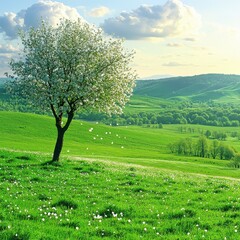 Fototapeta premium Blooming tree on green field, springtime. Rolling hills in the horizon. Nature backdrop