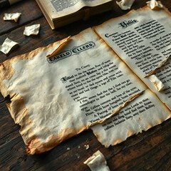 Naklejka premium Aged Torn Pages of an Old Book with Burnt Edges on Wooden Table