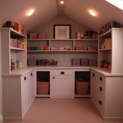 Fototapeta premium Bright attic craft room with storage shelves for home projects, kids activities, and hobbies