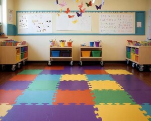 Bright, colorful classroom with playful decor ready for learning, education, creativity