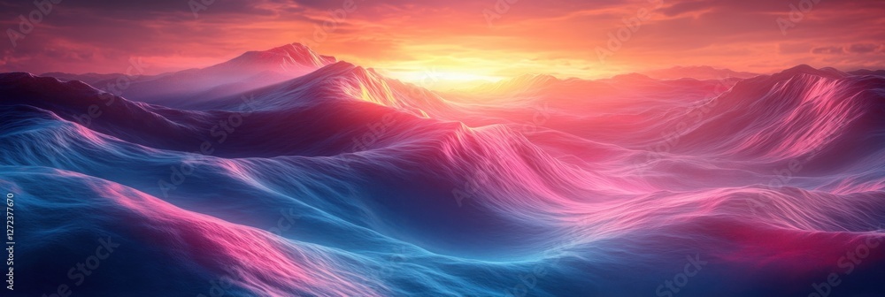 Poster quantum waves in a cyberpunk landscape with energy patterns and atomic model