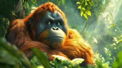 Fototapeta premium A majestic orangutan rests amidst lush, green foliage in a sun-dappled rainforest. Perfect for illustrating wildlife conservation or the beauty of nature.