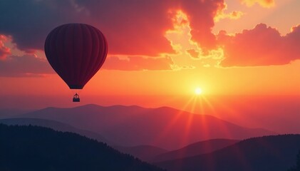 Fototapeta premium Silhouetted balloon floats above the sunset landscape, clouds, sunset