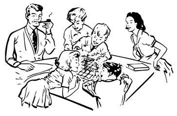 Retro Family playing Board Games
